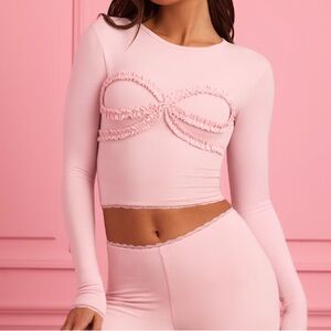 Pink Long Sleeve Crop Top and Leggings Set